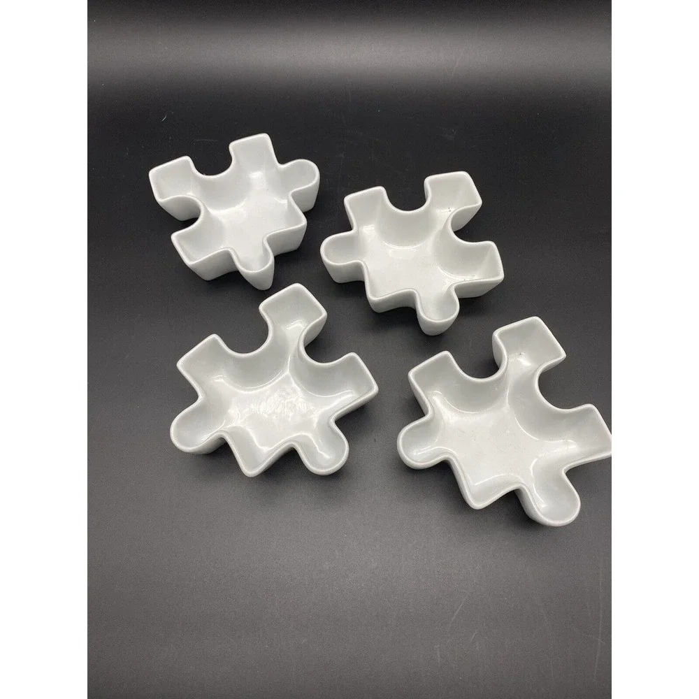 4 JIGSAW PUZZLE‎ PIECES CONDIMENT BOWLS DIPPING SAUCE WHITE Made In France